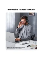 Person wearing large over-ear headphones and typing on a laptop, in a home studio setup; note about 3.5mm port not supporting microphone (informative). | Ahoundjuè Technologies Person wearing large over-ear headphones and typing on a laptop, in a home studio setup; note about 3.5mm port not supporting microphone (informative).