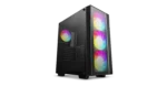 Black mid-tower PC case with a tempered-glass side panel and three RGB-front fans visible with colorful lighting