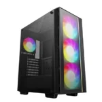Mid-tower PC case with three RGB-lit front fans and a transparent side panel showing internal components and a rear RGB fan behind a glass window.