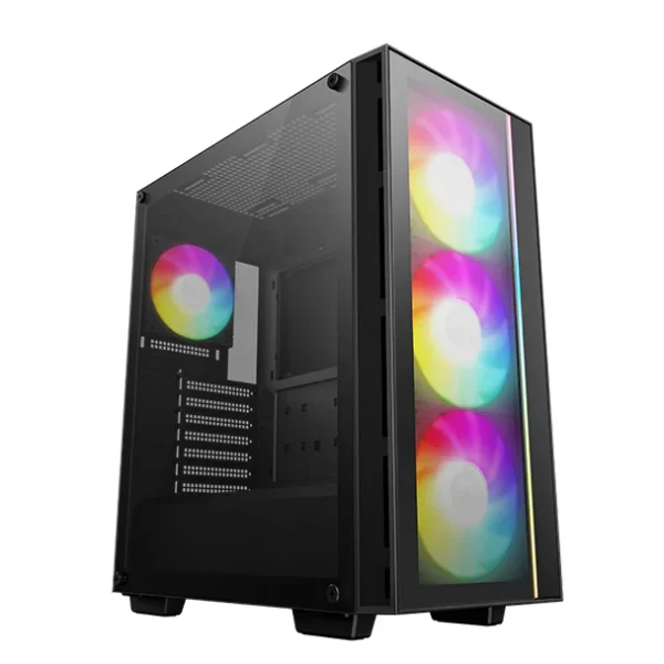 Mid-tower PC case with three RGB-lit front fans and a transparent side panel showing internal components and a rear RGB fan behind a glass window.