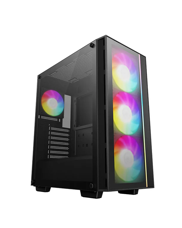 Mid-tower PC case with three RGB-lit front fans and a transparent side panel showing internal components and a rear RGB fan behind a glass window.