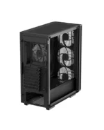 Black mid-tower PC case with three front-mounted fans and an empty interior (side panel removed).