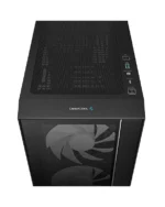 Top-down view of a black DeepCool PC case; top IO panel with USB and audio jacks visible, front glass panel shows two large cooling fans behind it.