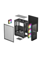 Exploded view of a black mid-tower PC chassis with three RGB fans on the front, tempered glass side panel, and separate panels laid out around the frame.