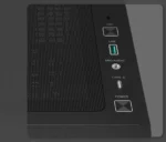 Rear panel of a black speaker with labeled ports: LED, USB, MIC/AUDIO, TYPE-C, and POWER button nearby, next to a perforated grille.