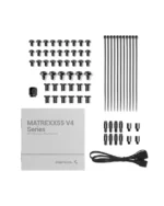 DeepCool MATREXX55 V4 Series case with accompanying screw kit, standoffs, long screws, small spacers, accessories and a power cable laid out in a grid.