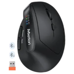 Close-up of a black curved wireless mouse with Bluetooth indicator LEDs on the side and an orange USB receiver nearby.