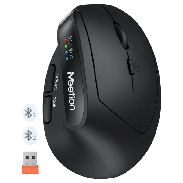 Close-up of a black curved wireless mouse with Bluetooth indicator LEDs on the side and an orange USB receiver nearby.