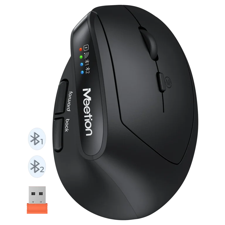 Close-up of a black curved wireless mouse with Bluetooth indicator LEDs on the side and an orange USB receiver nearby.