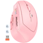 Pink wireless computer mouse with a USB dongle (orange) and Bluetooth indicator icons on the side, showing wireless connectivity.