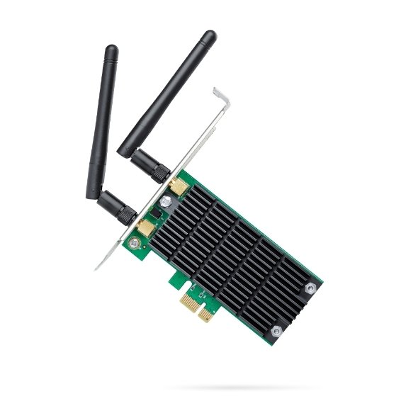 Wireless PCIe Wi‑Fi network card with two external antennas and a heat sink/stylized cooler attached.