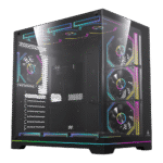 High-end PC gaming case with a tempered-glass side panel and multiple RGB-lit fans in a vertical front layout, showing internal components visible through glass. | Ahoundjuè Technologies High-end PC gaming case with a tempered-glass side panel and multiple RGB-lit fans in a vertical front layout, showing internal components visible through glass.