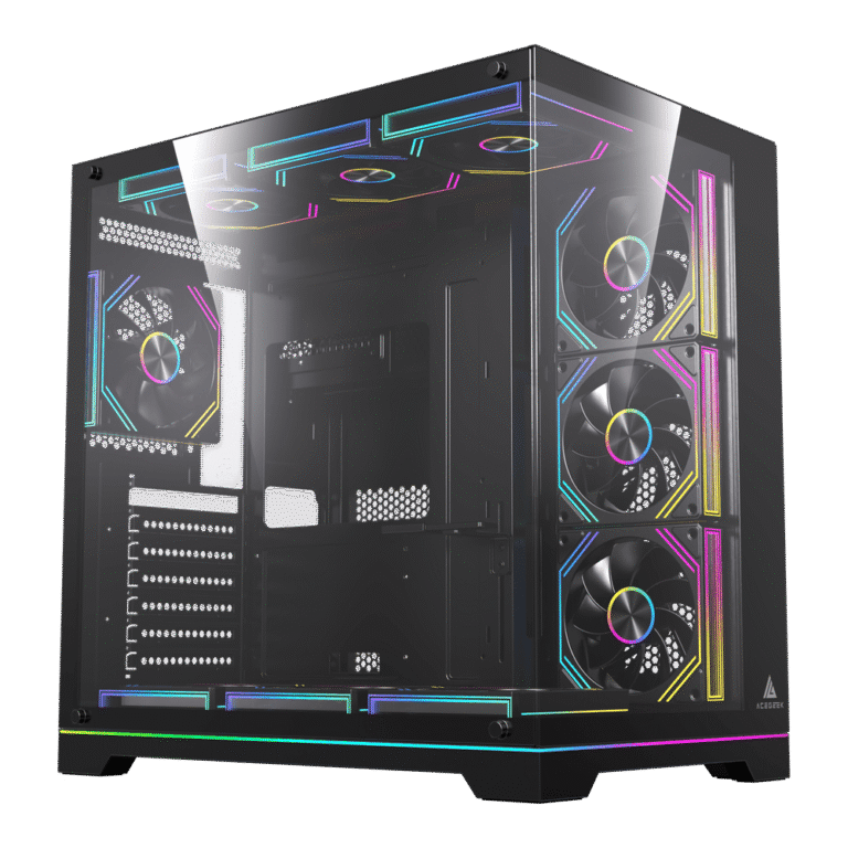 High-end PC gaming case with a tempered-glass side panel and multiple RGB-lit fans in a vertical front layout, showing internal components visible through glass.