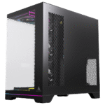Black mid-tower PC case with a tempered glass side panel and RGB lighting visible inside, featuring hexagonal mesh vents on the side and a minimalist front panel. | Ahoundjuè Technologies Black mid-tower PC case with a tempered glass side panel and RGB lighting visible inside, featuring hexagonal mesh vents on the side and a minimalist front panel.