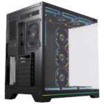 Black mid-tower PC case with a tempered glass side panel revealing RGB-lit cooling fans and internal components | Ahoundjuè Technologies Black mid-tower PC case with a tempered glass side panel revealing RGB-lit cooling fans and internal components