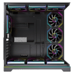 Open computer case with three large RGB fans on the right side and additional RGB fans at top and bottom, showcasing internal cooling. | Ahoundjuè Technologies Open computer case with three large RGB fans on the right side and additional RGB fans at top and bottom, showcasing internal cooling.