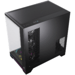 Black mid-tower PC case with a transparent side panel showing RGB-lit components inside | Ahoundjuè Technologies Black mid-tower PC case with a transparent side panel showing RGB-lit components inside