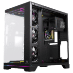 Black mid-tower PC case with a transparent side panel showing three front RGB fans and internal components such as motherboard and power supply kit inside. | Ahoundjuè Technologies Black mid-tower PC case with a transparent side panel showing three front RGB fans and internal components such as motherboard and power supply kit inside.