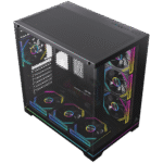 Transparent side-panel PC case with multiple RGB-lit fans and internal components visible, gaming desktop setup image | Ahoundjuè Technologies Transparent side-panel PC case with multiple RGB-lit fans and internal components visible, gaming desktop setup image