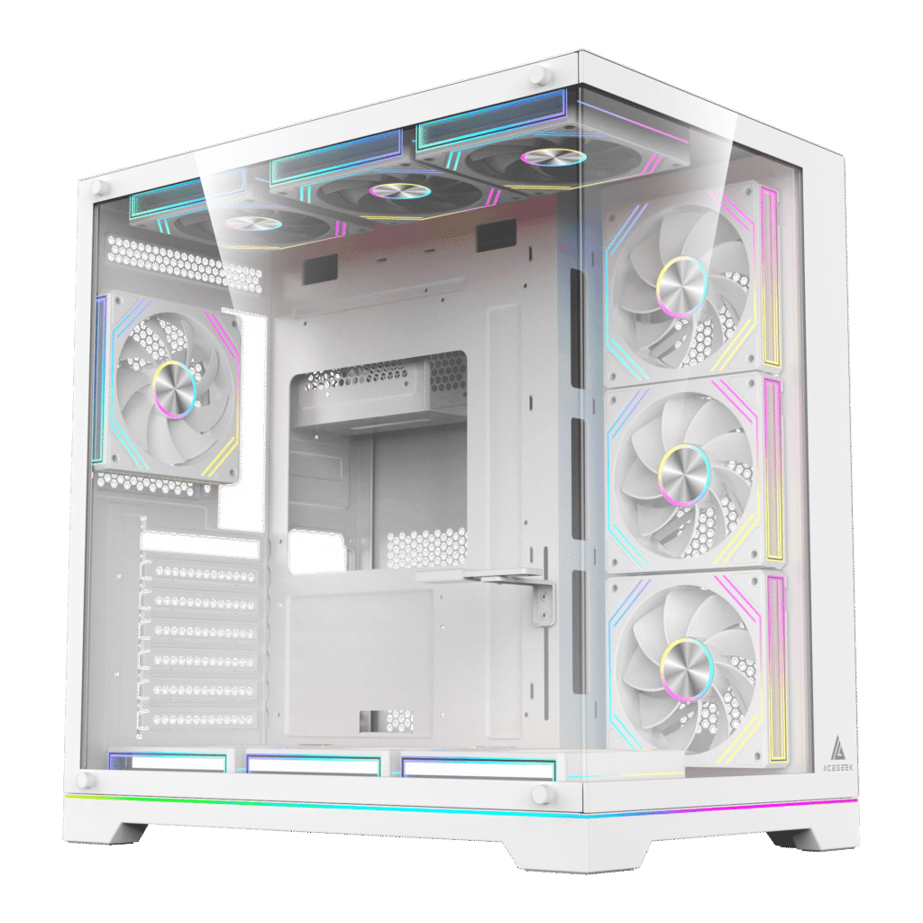 White PC case with glass side panel and RGB-lit fans along the front and top, showing colorful lighting inside