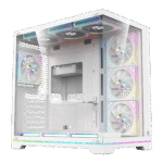 White PC case with glass side panel and RGB-lit fans along the front and top, showing colorful lighting inside