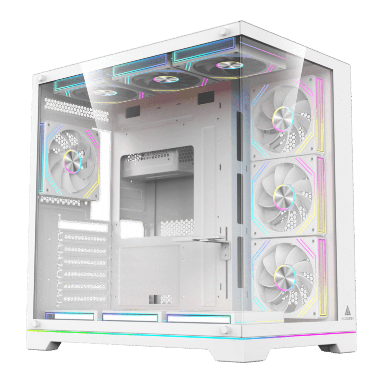 White PC case with glass side panel and RGB-lit fans along the front and top, showing colorful lighting inside