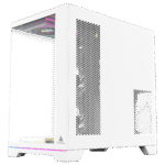 White mid-tower PC case with hex mesh side panel and RGB-lit interior visible through a windowed front panel | Ahoundjuè Technologies White mid-tower PC case with hex mesh side panel and RGB-lit interior visible through a windowed front panel
