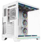 White mid-tower PC case with RGB-lit fans visible through a transparent side panel, showing multiple cooling fans and colorful lighting | Ahoundjuè Technologies White mid-tower PC case with RGB-lit fans visible through a transparent side panel, showing multiple cooling fans and colorful lighting