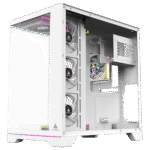 White computer case interior with multiple front fans and RGB lighting visible through tempered glass | Ahoundjuè Technologies White computer case interior with multiple front fans and RGB lighting visible through tempered glass
