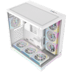 White mid-tower PC case with translucent side panels and visible rainbow RGB fans inside | Ahoundjuè Technologies White mid-tower PC case with translucent side panels and visible rainbow RGB fans inside