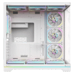White PC micro-ATX case interior showing vertically mounted RGB fans with neon trim on the right side and a transparent panel front edge. | Ahoundjuè Technologies White PC micro-ATX case interior showing vertically mounted RGB fans with neon trim on the right side and a transparent panel front edge.