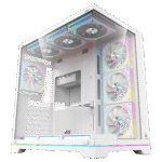 Transparent computer case showing multiple RGB-lit fans and interior bays, angled view with glass panel and rainbow neon accents | Ahoundjuè Technologies Transparent computer case showing multiple RGB-lit fans and interior bays, angled view with glass panel and rainbow neon accents