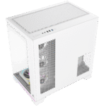 White computer tower with a perforated front panel and a mesh top, showing internal components through the open side panel at the bottom left corner. | Ahoundjuè Technologies White computer tower with a perforated front panel and a mesh top, showing internal components through the open side panel at the bottom left corner.