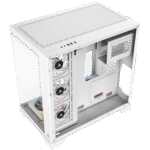 White open PC case viewed from the side, exposing multiple cooling fans and internal hardware components in a tower chassis. | Ahoundjuè Technologies White open PC case viewed from the side, exposing multiple cooling fans and internal hardware components in a tower chassis.