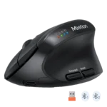 Black wireless ergonomic mouse with a USB dongle shown nearby and LED status indicators on top (Bluetooth and power lights) with forward and back buttons on the side.