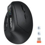 Close-up of a black wireless mouse showing side 'forward' and 'back' buttons, Bluetooth/status LEDs, and a USB dongle nearby.