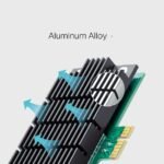 Aluminum alloy heatsink on a PCIe card with black fins and blue arrows showing cooling airflow.