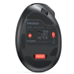 Back/bottom view of a black Meeteion USB vertical mouse, showing the red power switch and model label.