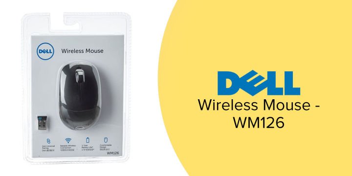 Dell WM126 wireless mouse in packaging with USB receiver visible | Ahoundjuè Technologies Dell WM126 wireless mouse in packaging with USB receiver visible
