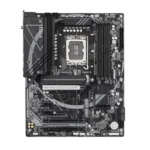 Black motherboard with LGA CPU socket, two RAM slots, PCIe slot, and gray decorative patterns on a dark PCB.