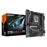 Gigabyte Z790 Eagle AX gaming motherboard with its black-box packaging showing a blue-lit eagle design