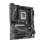 Black motherboard with LGA CPU socket, multiple RAM slots, PCIe expansion slots, and I/O panel visible on the edge, including a large heatsink area and cosmetic geometric pattern