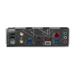 Back panel of a PC motherboard showing USB ports, video outputs, Ethernet, and color-coded audio jacks on an I/O shield edge.