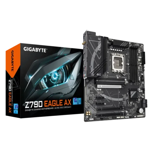 Gigabyte Z790 Eagle AX gaming motherboard with its black-box packaging showing a blue-lit eagle design
