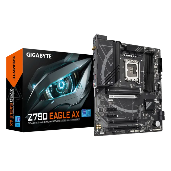 Gigabyte Z790 Eagle AX gaming motherboard with its black-box packaging showing a blue-lit eagle design