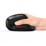 Close-up of a black ergonomic mouse being held in a hand, showing forward/back buttons and status lights on the side.