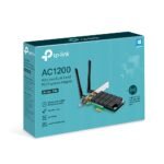 TP-Link AC1200 Wireless Dual Band PCIe Express Adapter box with two external antennas on a teal package design.