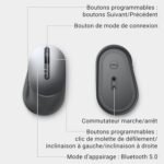 Infographic comparing two Dell mice, highlighting programmable buttons, a mode switch, and Bluetooth 5.0 connectivity.
