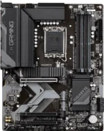 Top-down view of a GIGABYTE desktop motherboard showing CPU socket, RAM slots, PCIe slot, and large heatsinks