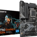 Gigabyte B760 Gaming X DDR4 motherboard next to its box box art featuring a futuristic helmeted figure.